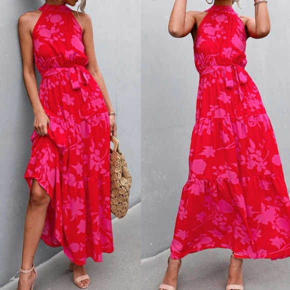 Boho pint floral print belted halter maxi dress - Picture 3 of 5